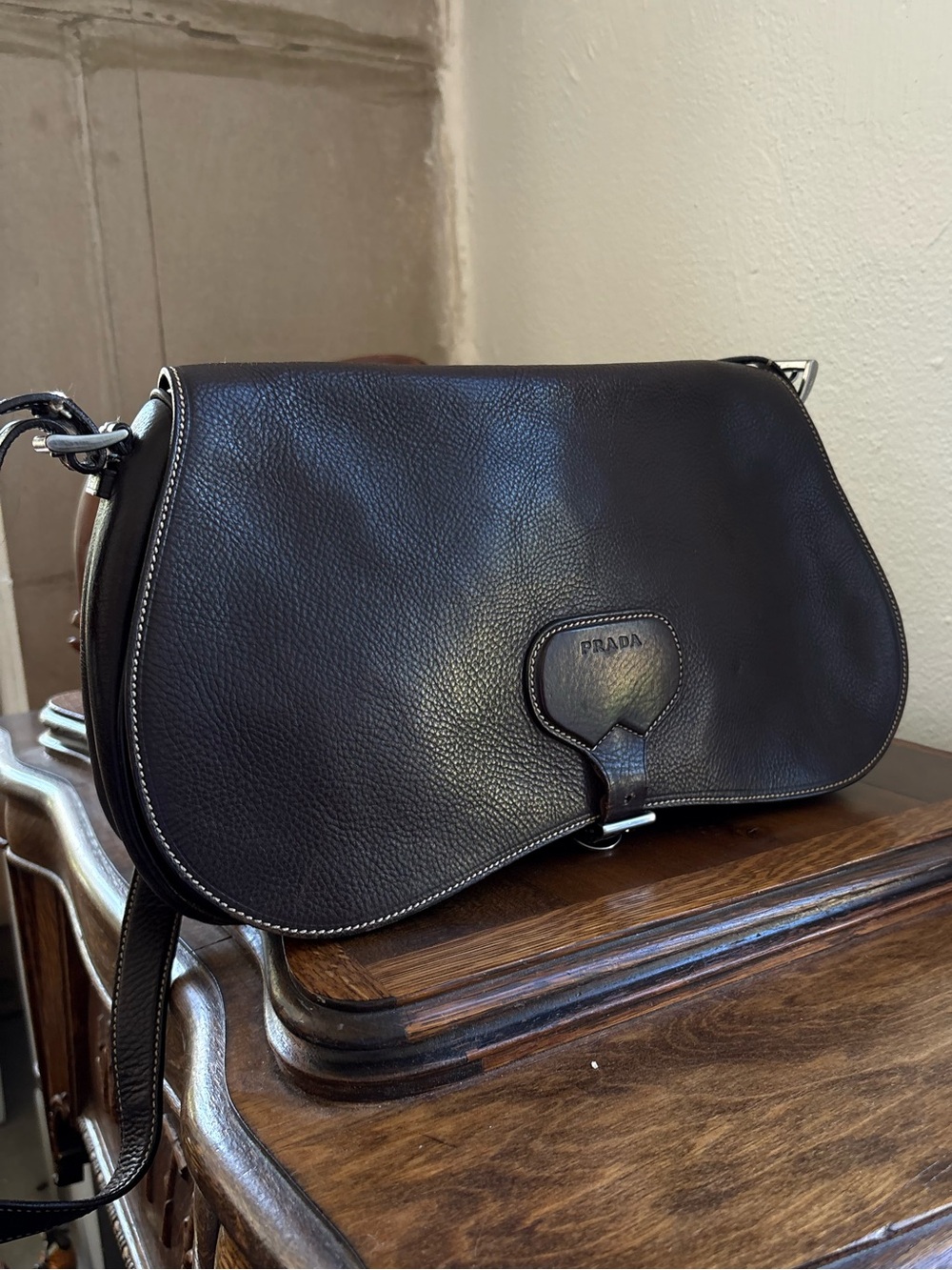 Prada Dark Brown Pebbled Leather crossbody Bag